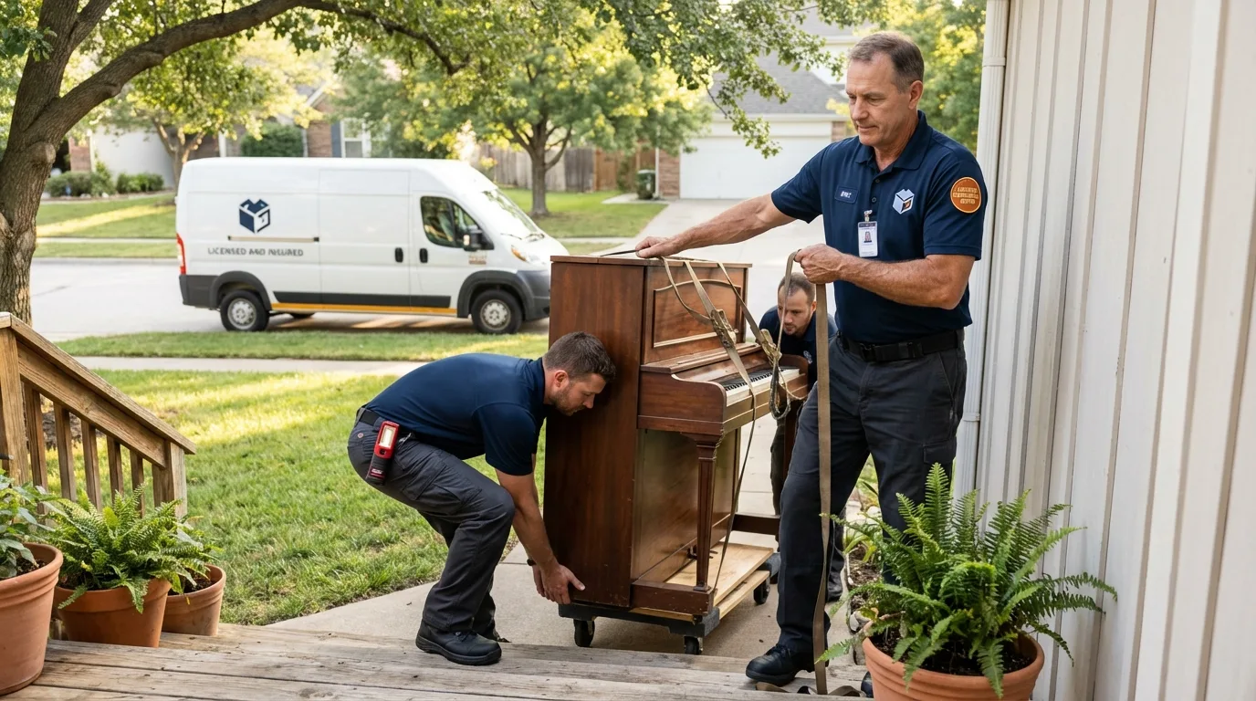Licensed piano movers securing grand piano in Salem, CT