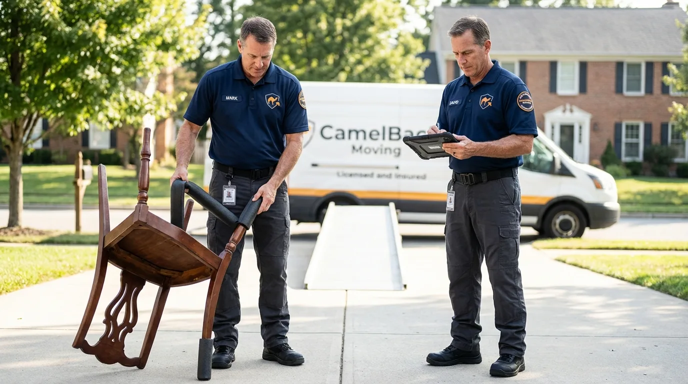 Movers inspecting furniture for damage prevention before loading in Salem, CT